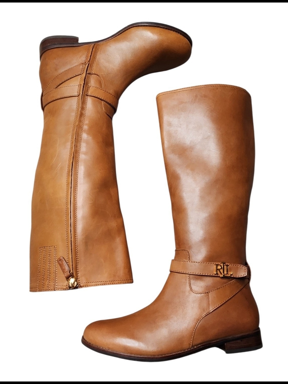 Ralph Lauren Brittaney Leather Riding Knee High Boots, Polo Tan Size 10B